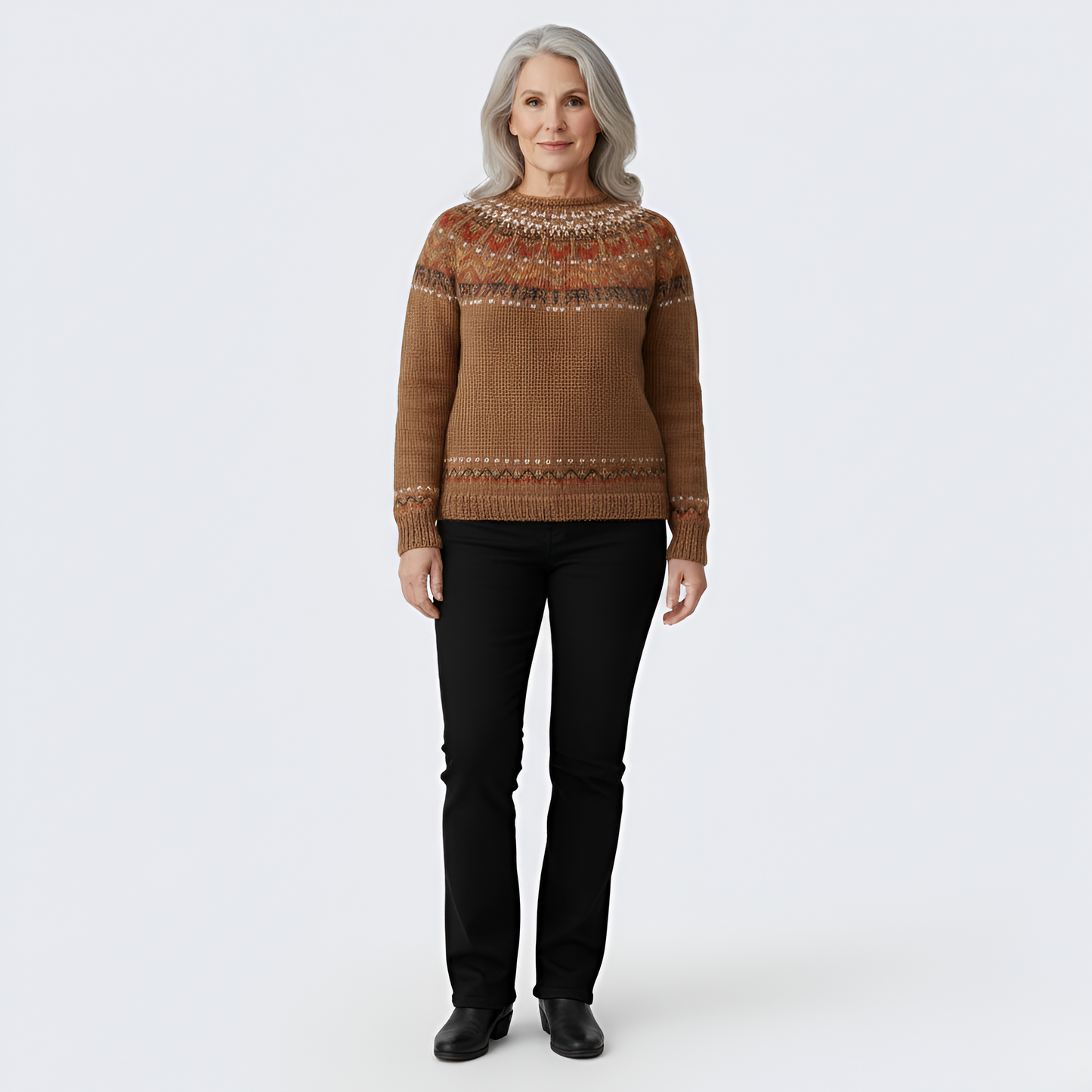 Women's Wool Crew Neck Sweater Nordic Pattern