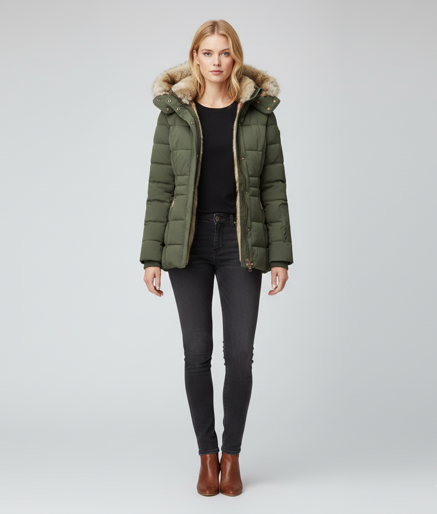 Women's Insulated Quilted Coat Hooded Faux Fur Black