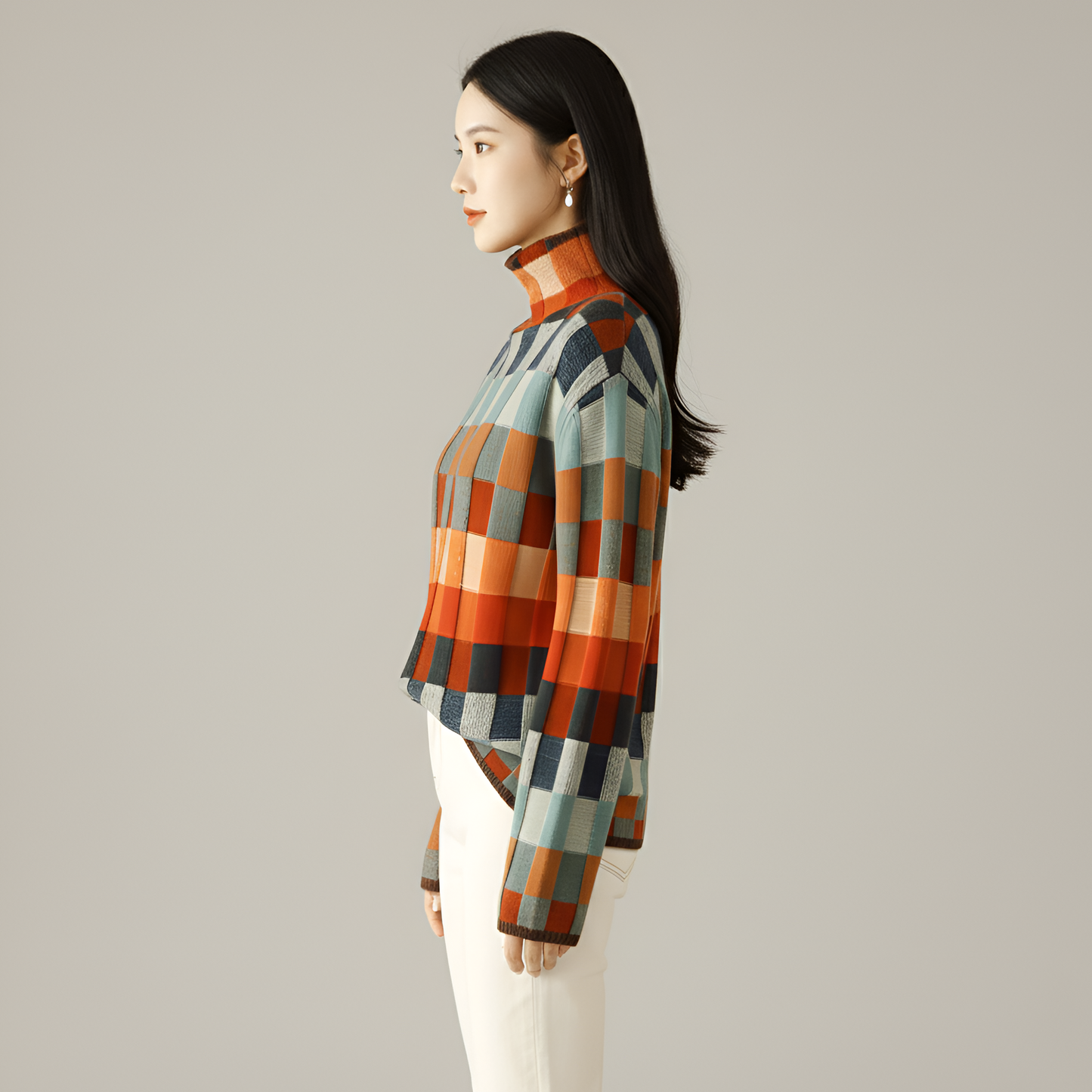 Women's Long Sleeve Turtleneck Sweater Geometric Pattern