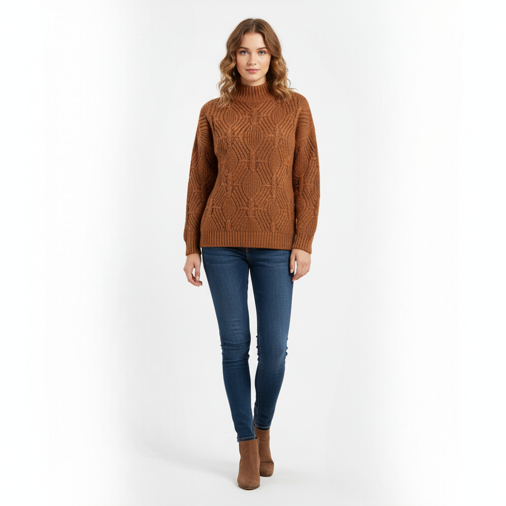 Women's Mock Neck Sweater Chestnut Brown Textured - Vonnera