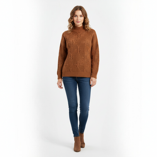 Women's Mock Neck Sweater Chestnut Brown Textured - Vonnera