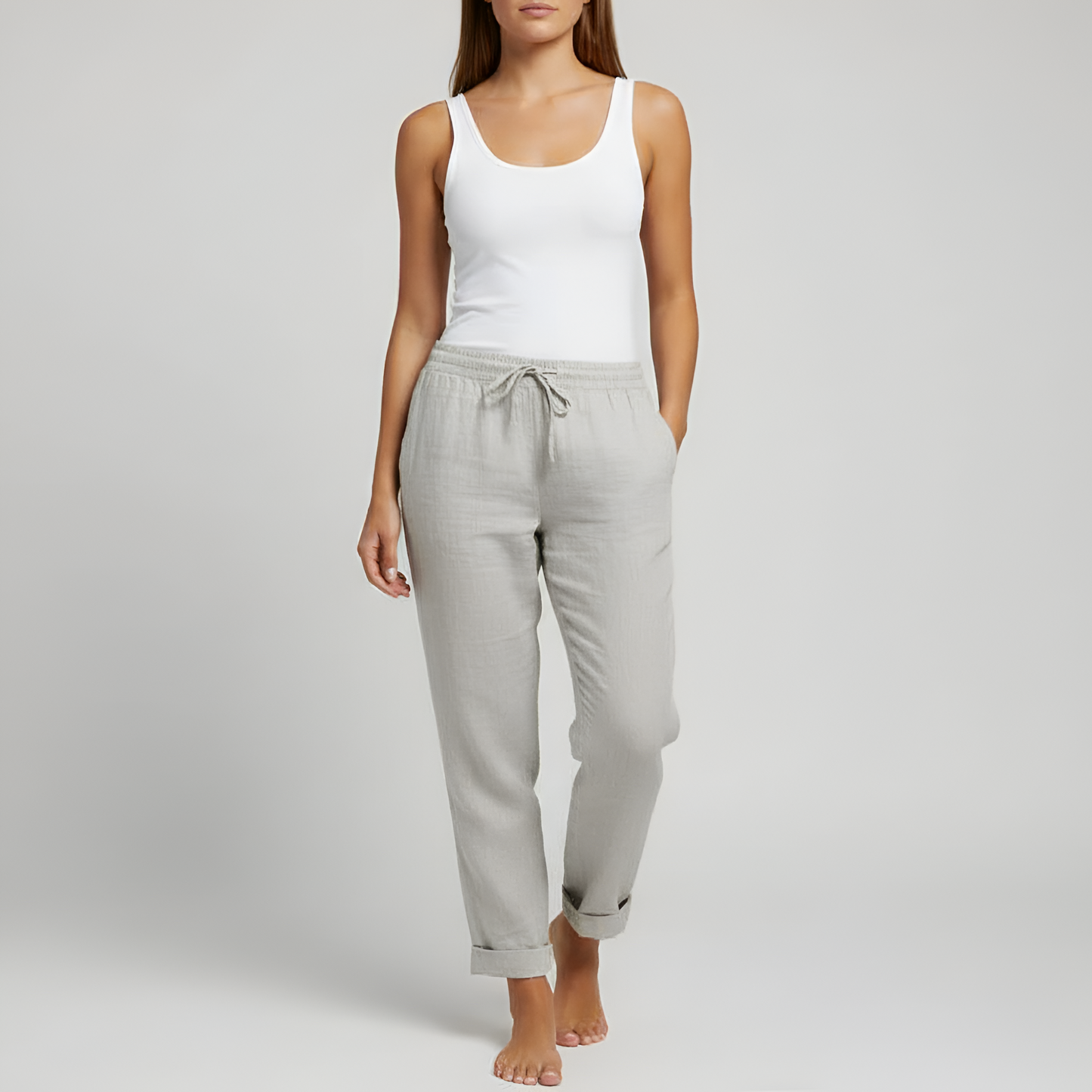 Women's Linen Drawstring Pants Relaxed Fit Beige - Vonnera