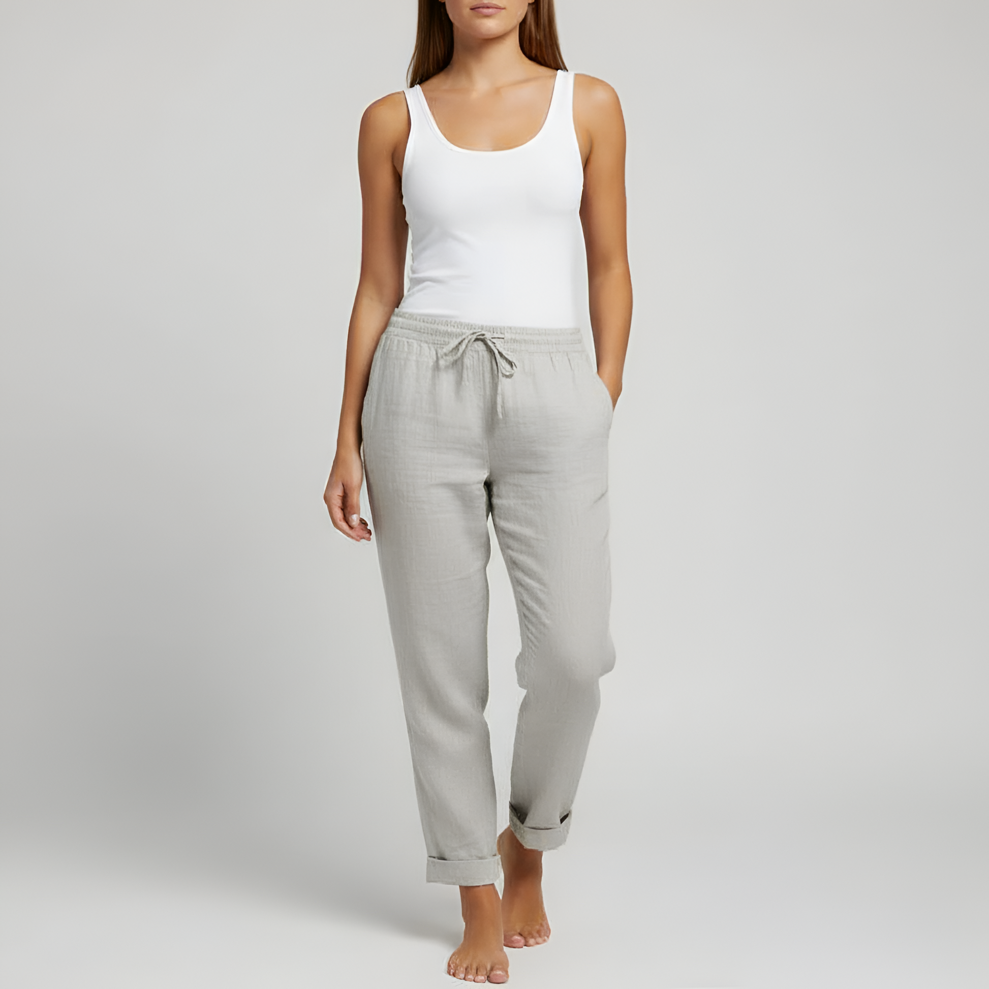 Women's Linen Drawstring Pants Relaxed Fit Beige - Vonnera