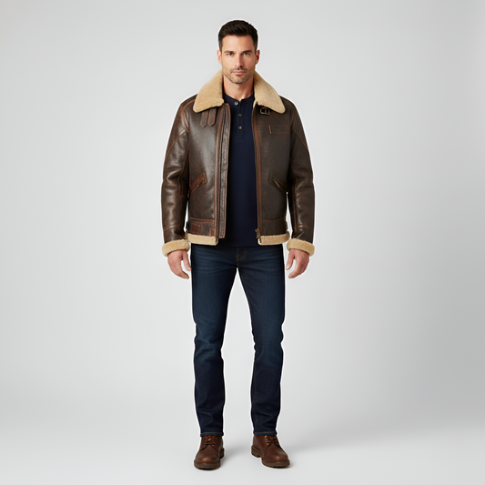 Men's Leather Aviator Jacket Shearling Lining Zip Front - Vonnera
