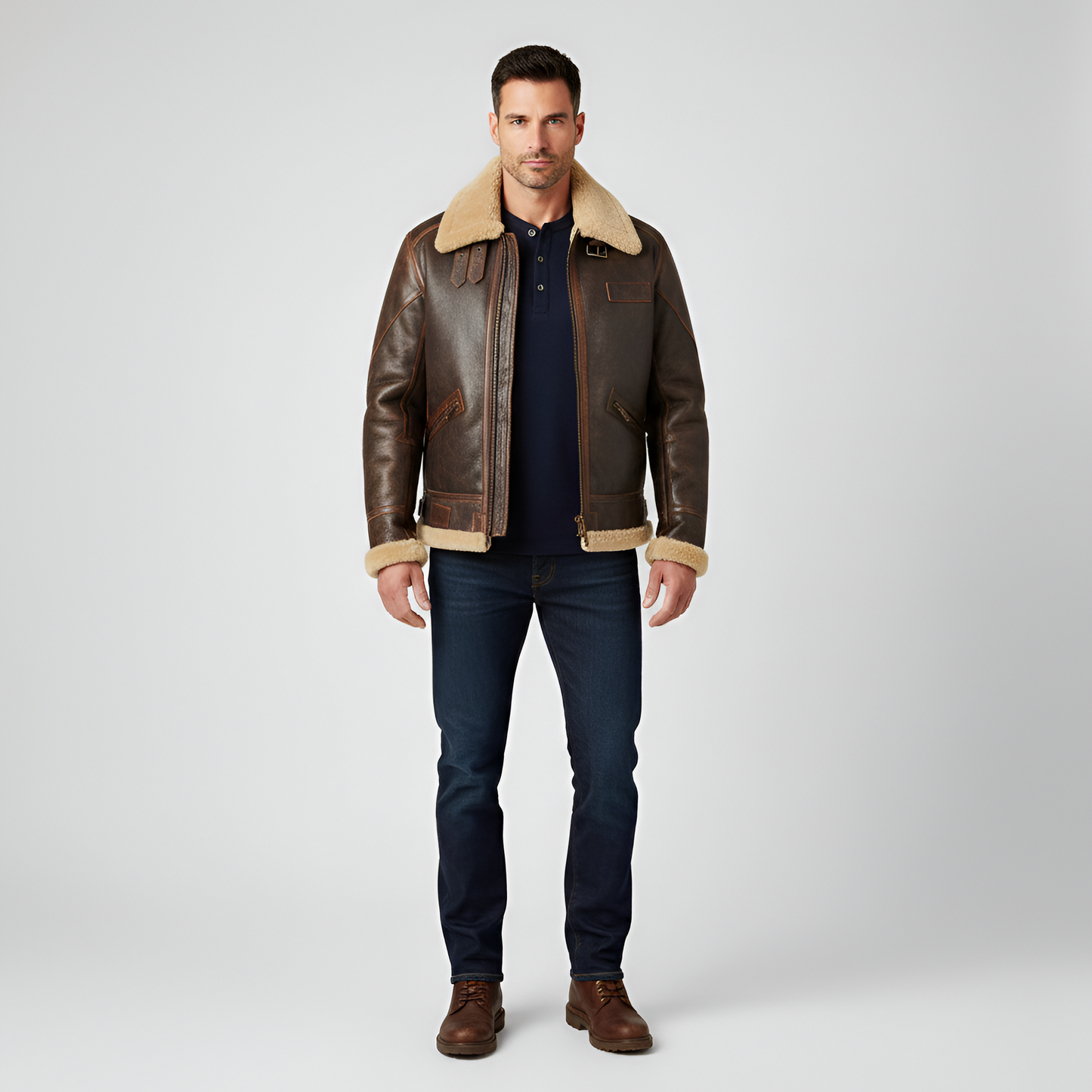 Men's Leather Aviator Jacket Shearling Faux Fur Collar - Vonnera