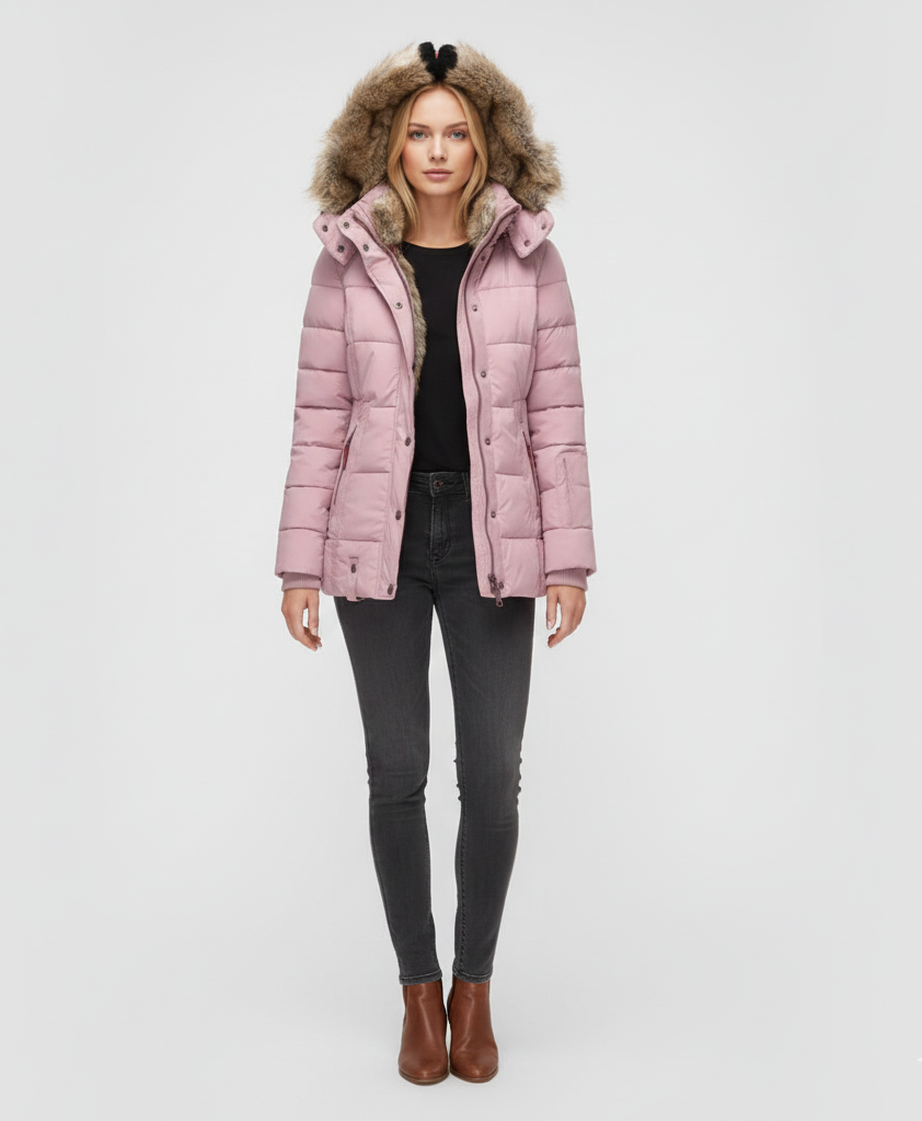 Women's Insulated Quilted Coat Hooded Faux Fur Black