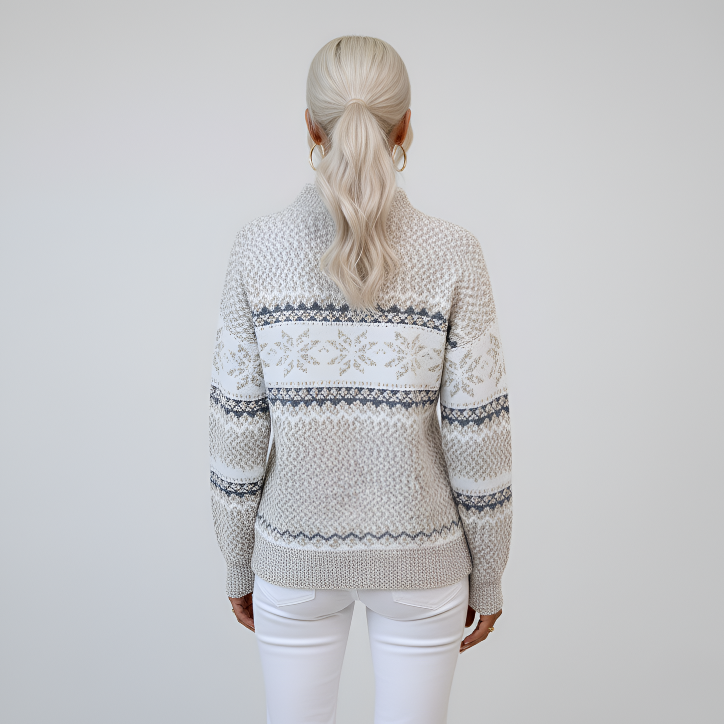 Women's Knit Sweater Mock Neck Long Sleeve Fair Isle Pattern