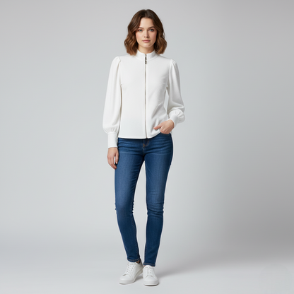 Women's Textured Zip-Up Puff Sleeves White - Vonnera