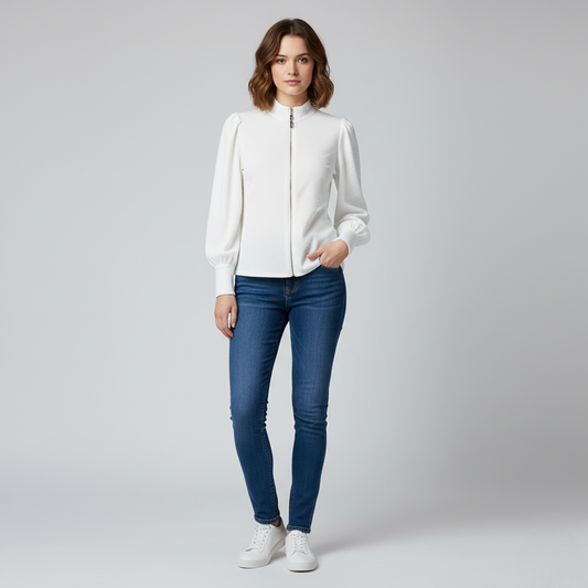 Women's Textured Zip-Up Puff Sleeves White - Vonnera