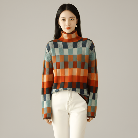 Women's Long Sleeve Turtleneck Sweater Geometric Pattern - Vonnera