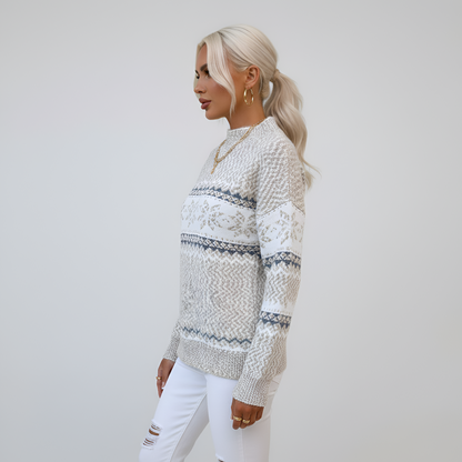 Women's Knit Sweater Mock Neck Long Sleeve Fair Isle Pattern