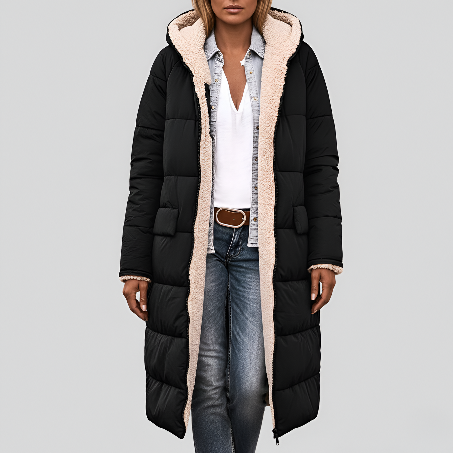 Women's Quilted Winter Parka Faux Fur Lined Hooded Black