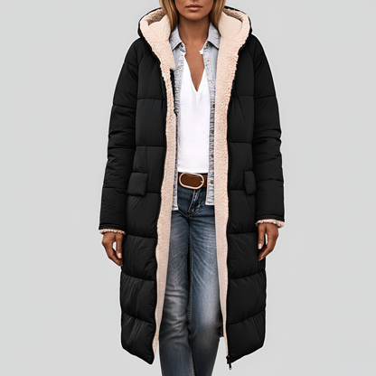 Women's Quilted Winter Parka Faux Fur Lined Hooded Black