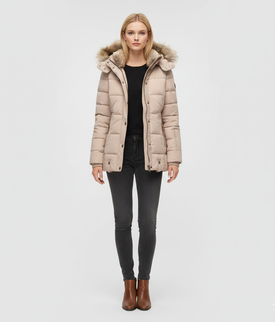 Women's Insulated Quilted Coat Hooded Faux Fur Black