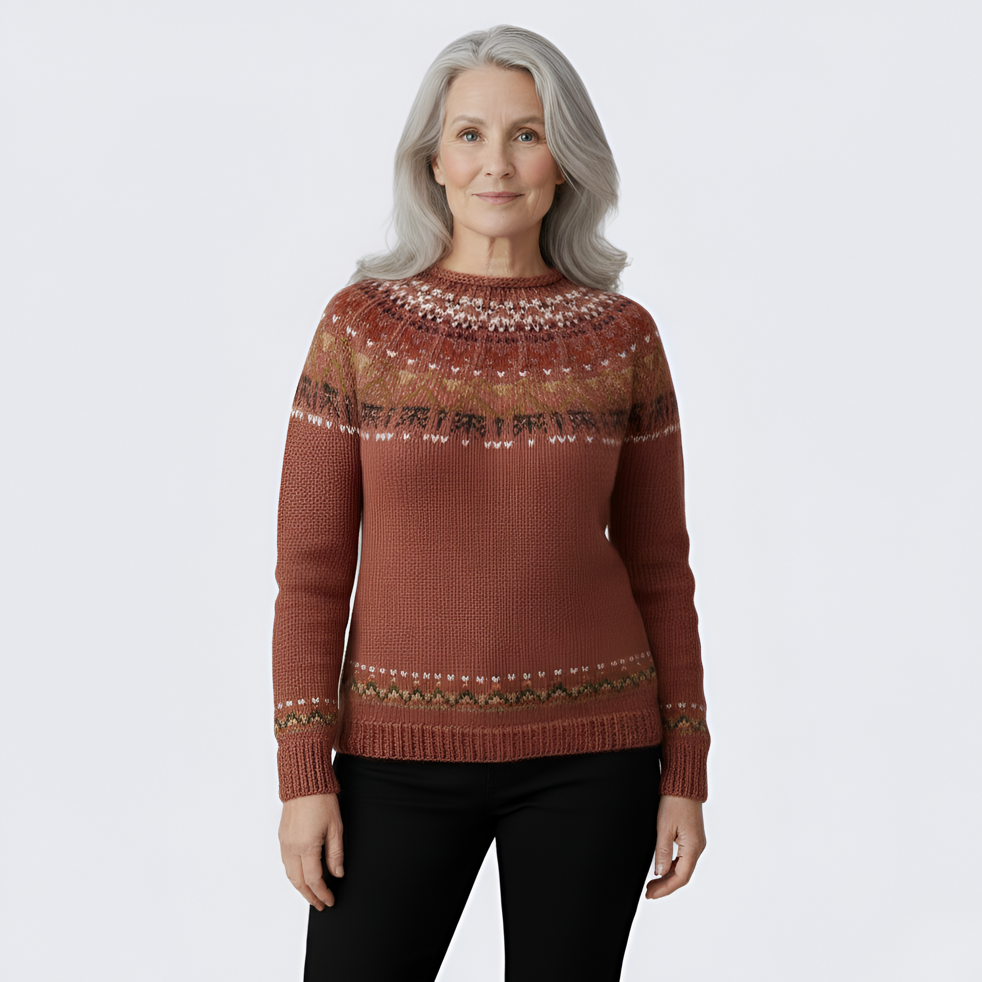 Women's Wool Crew Neck Sweater Nordic Pattern - Vonnera