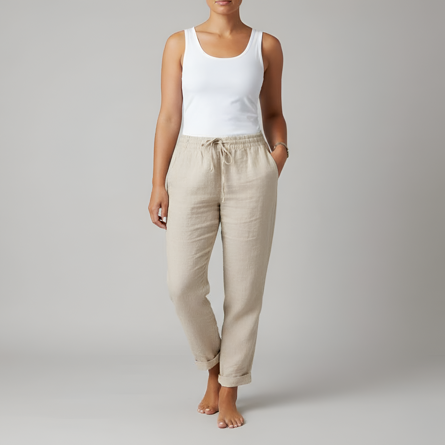 Women's Linen Drawstring Pants Relaxed Fit Beige