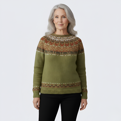 Women's Wool Crew Neck Sweater Nordic Pattern