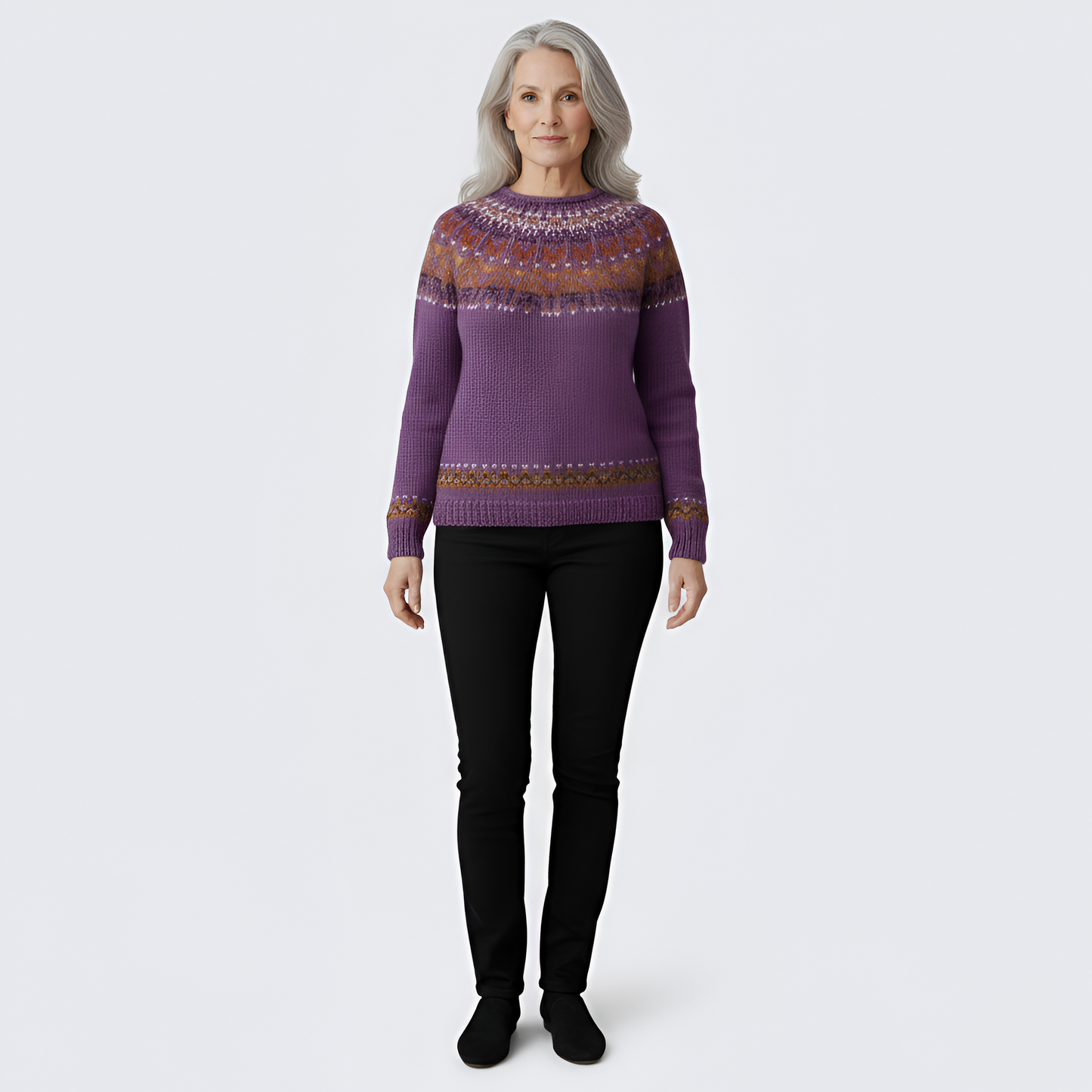 Women's Wool Crew Neck Sweater Nordic Pattern
