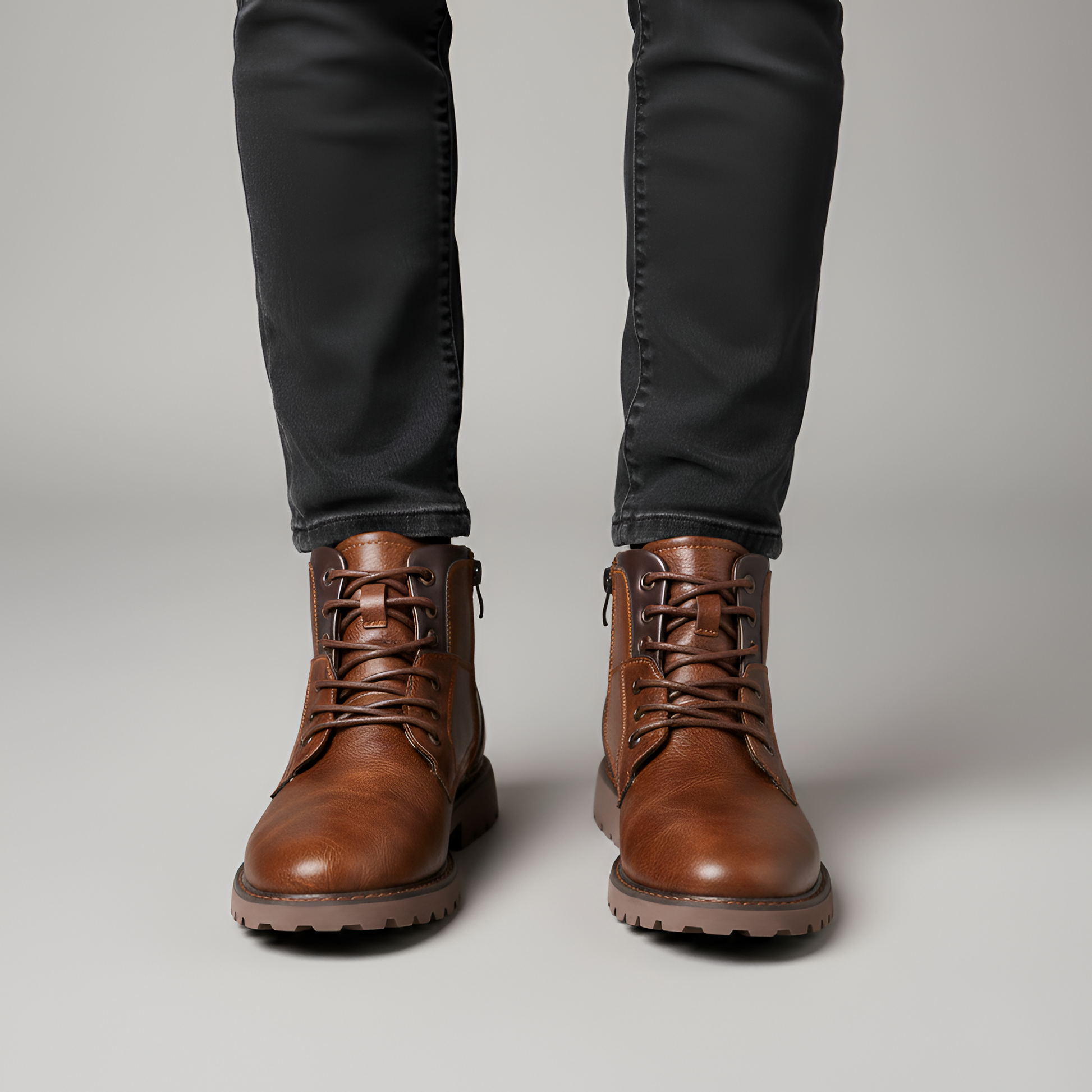 Men's Leather Ankle Boots Rugged Sole Brown - Vonnera