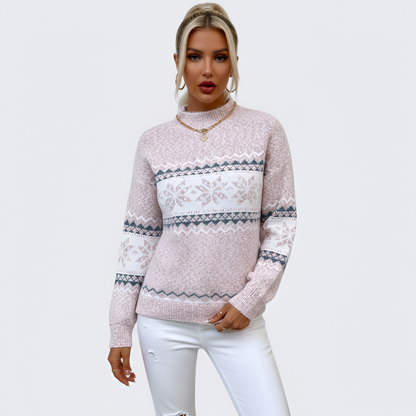 Women's Knit Sweater Mock Neck Long Sleeve Fair Isle Pattern