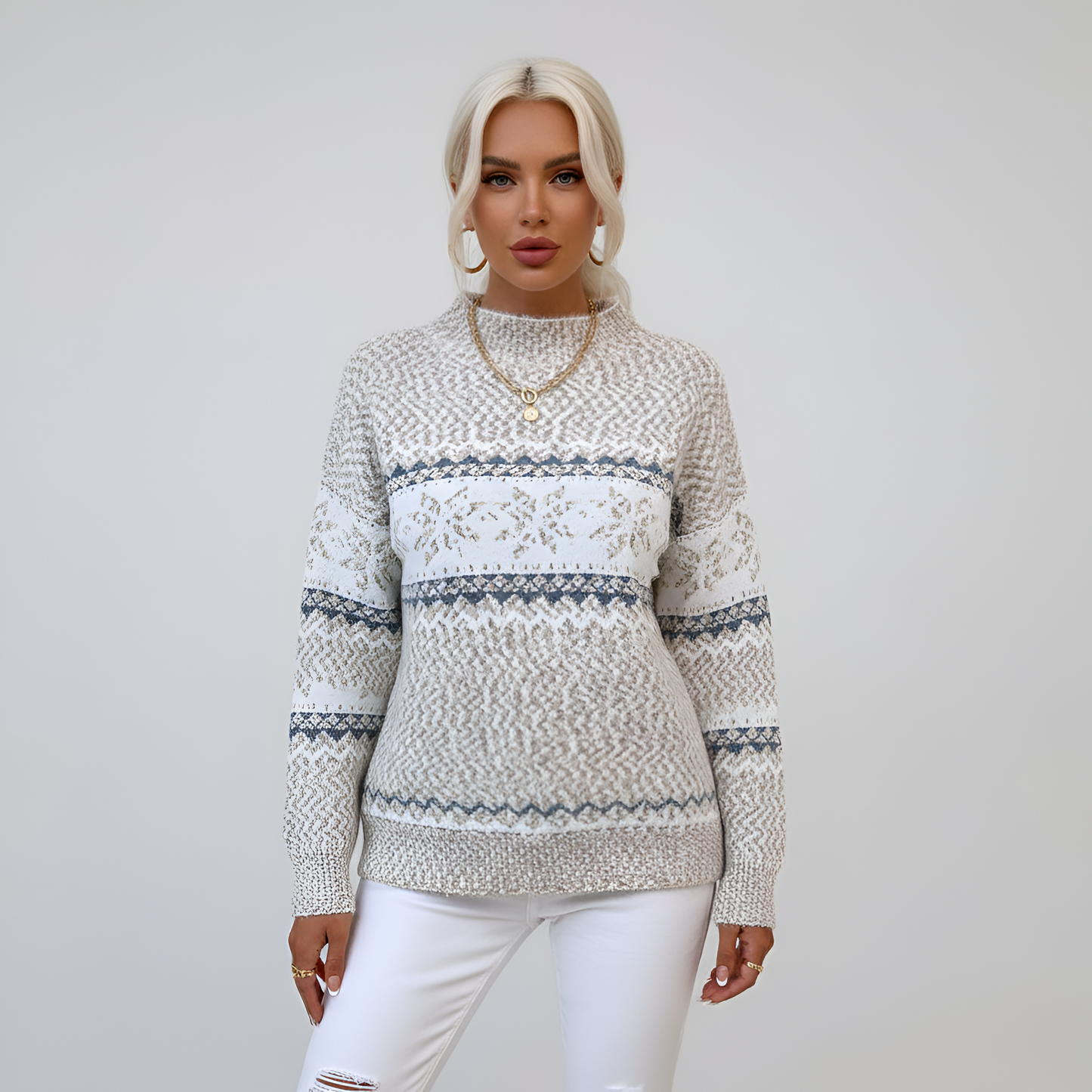 Women's Knit Sweater Mock Neck Long Sleeve Fair Isle Pattern - Vonnera
