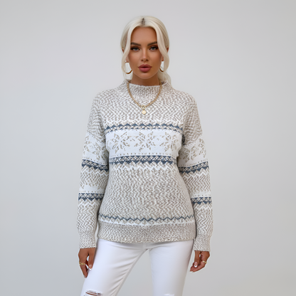Women's Knit Sweater Mock Neck Long Sleeve Fair Isle Pattern - Vonnera