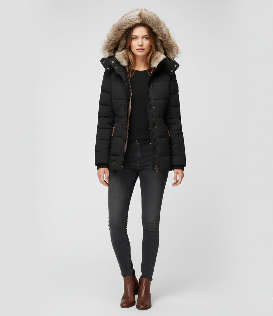 Women's Insulated Quilted Coat Hooded Faux Fur Black