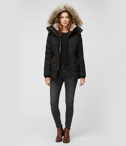 Women's Insulated Quilted Coat Hooded Faux Fur Black