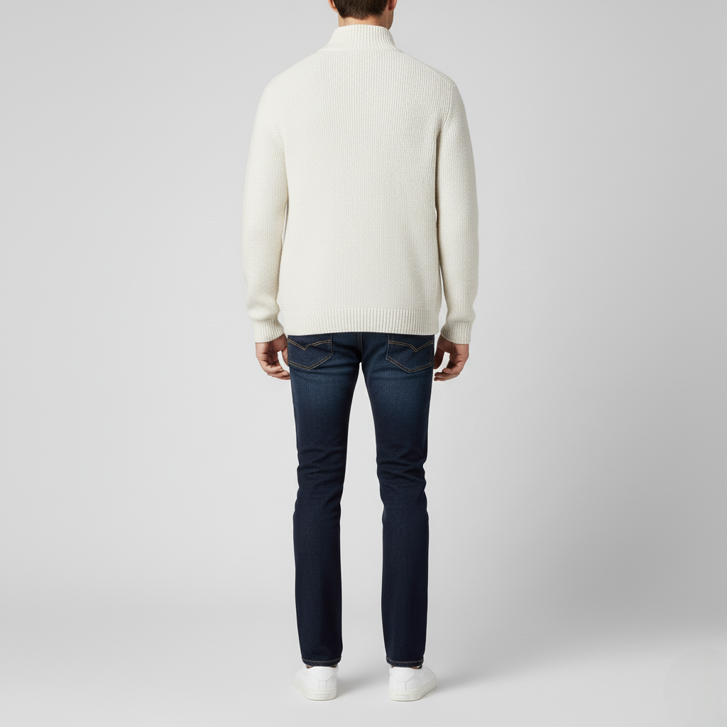 Men's Classic Full-Zip Cardigan Sweater White Ribbed Texture