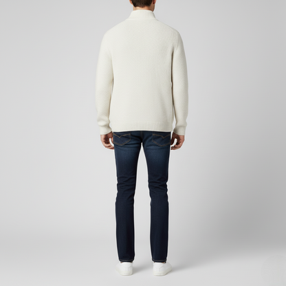 Men's Classic Full-Zip Cardigan Sweater White Ribbed Texture