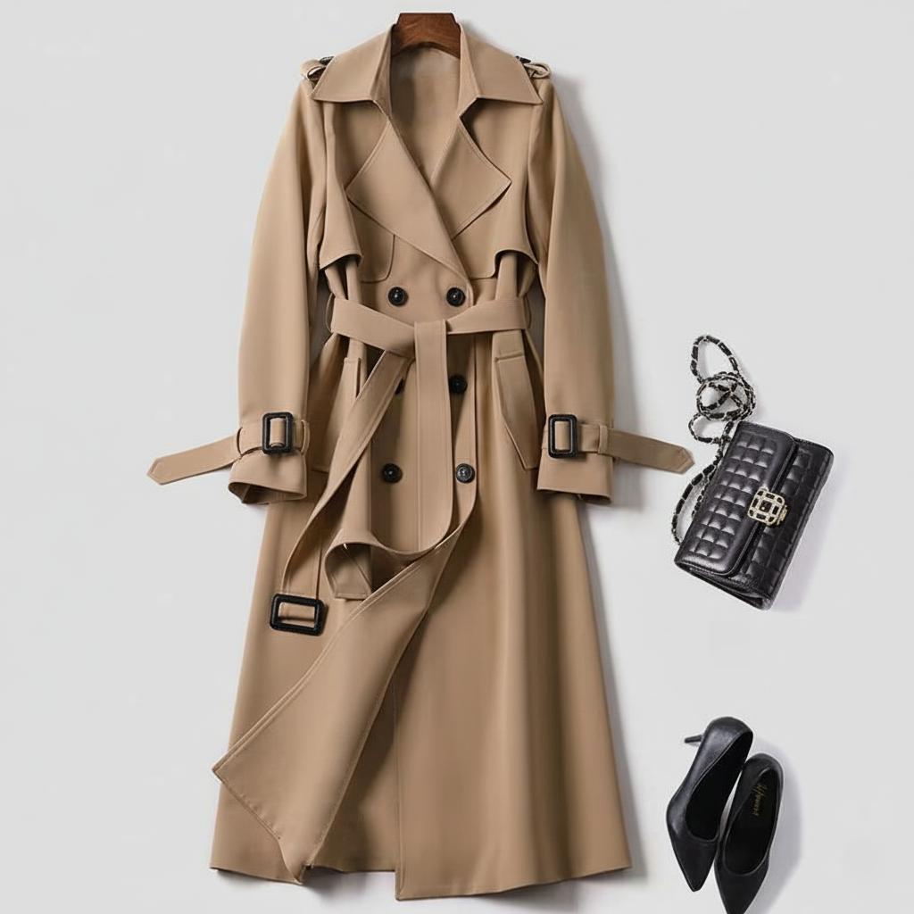 Women's Double Breasted Trench Coat Belted Maxi - Vonnera