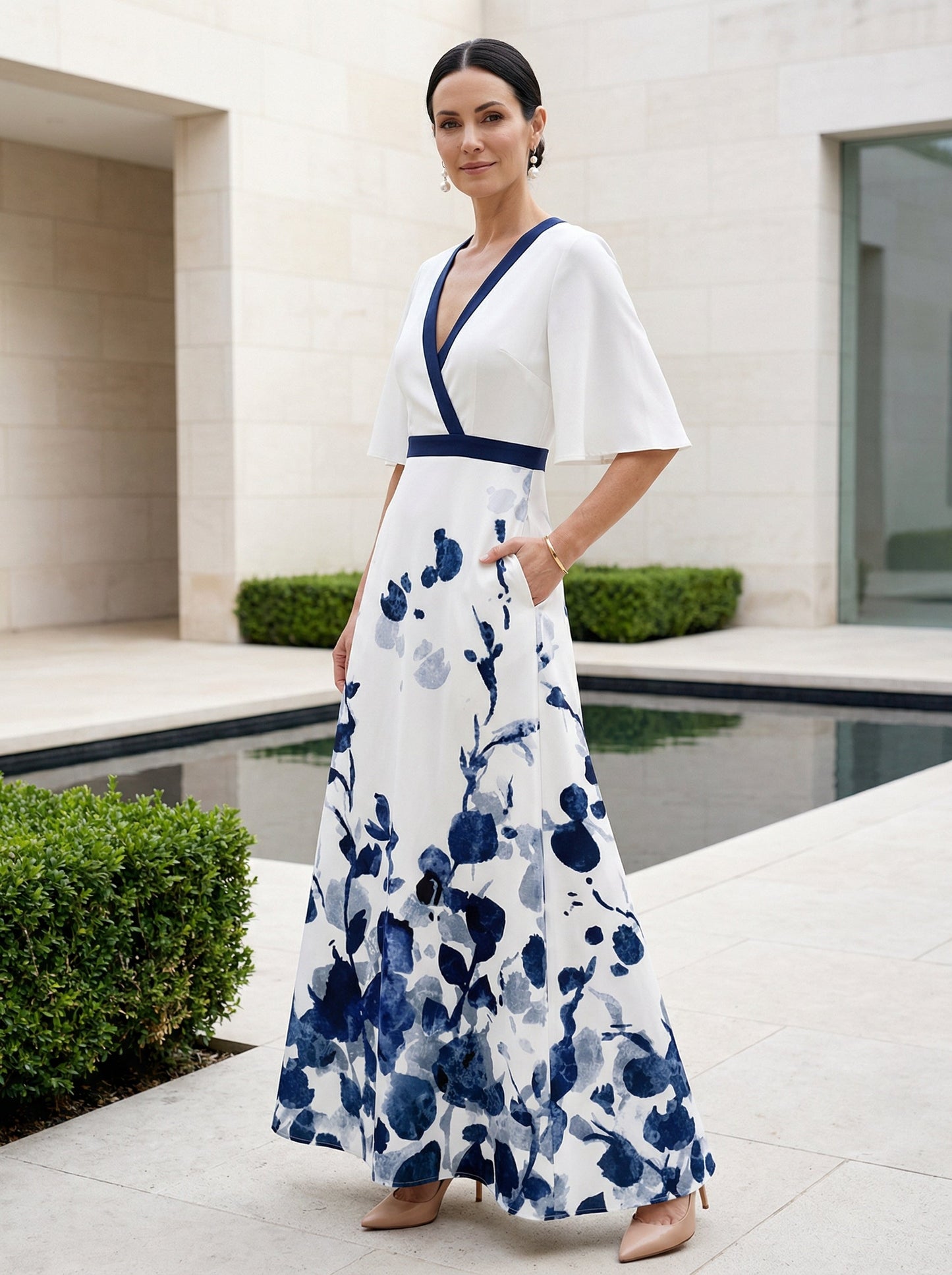Women's Floral Maxi Dress V-Neck Flutter Sleeves - Vonnera