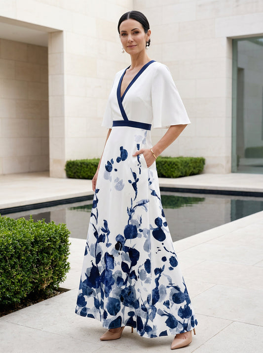 Women's Floral Maxi Dress V-Neck Flutter Sleeves - Vonnera
