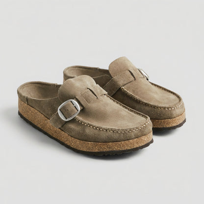 Suede Slip On Mules Cork Platform Brown