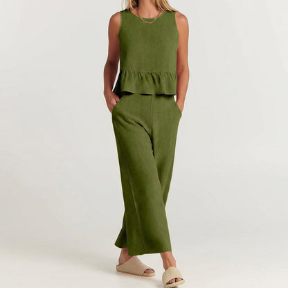 Linen Blend Women's Peplum And Pants Set - Vonnera