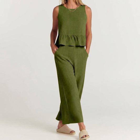 Linen Blend Women's Peplum And Pants Set - Vonnera