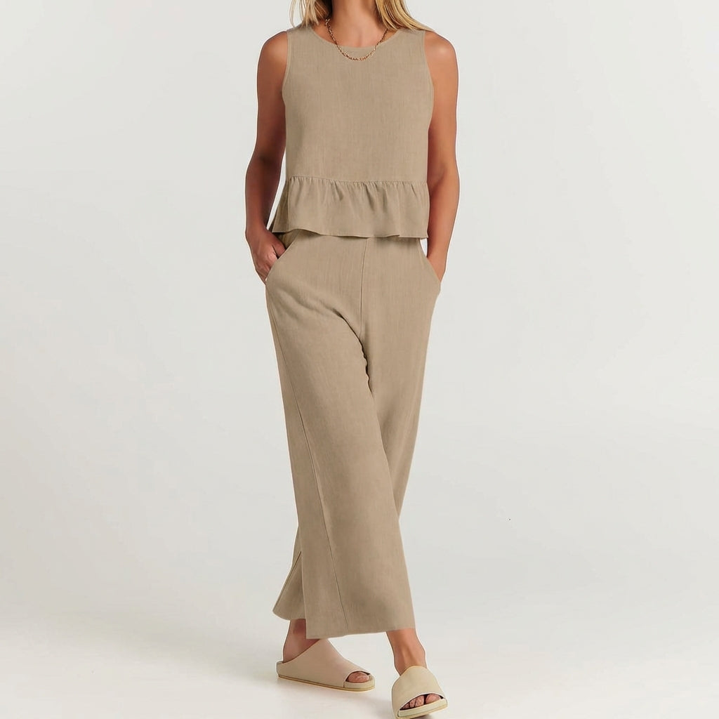 Linen Blend Women's Peplum And Pants Set