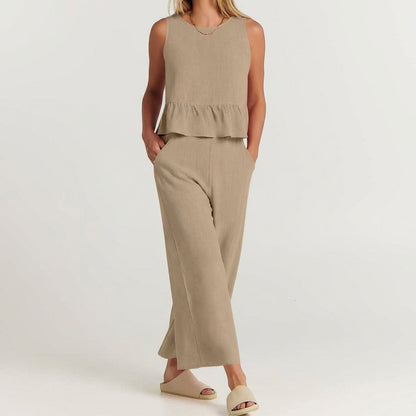 Linen Blend Women's Peplum And Pants Set