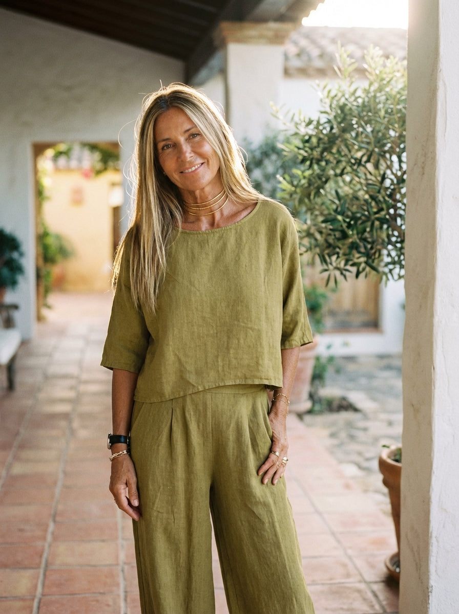 Women's Linen Two Piece Wide Leg Pants Set - Vonnera