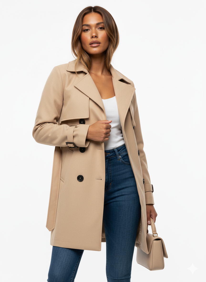 Women's Wool Trench Coat Double-Breasted Warm Beige - Vonnera