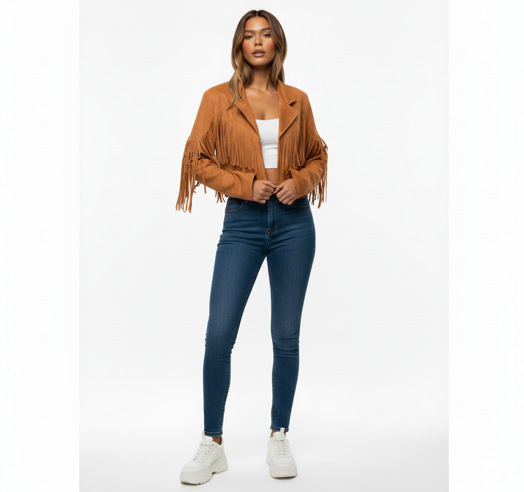 Women's Suede Fringed Jacket Boho Chic Brown