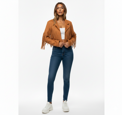 Women's Suede Fringed Jacket Boho Chic Brown