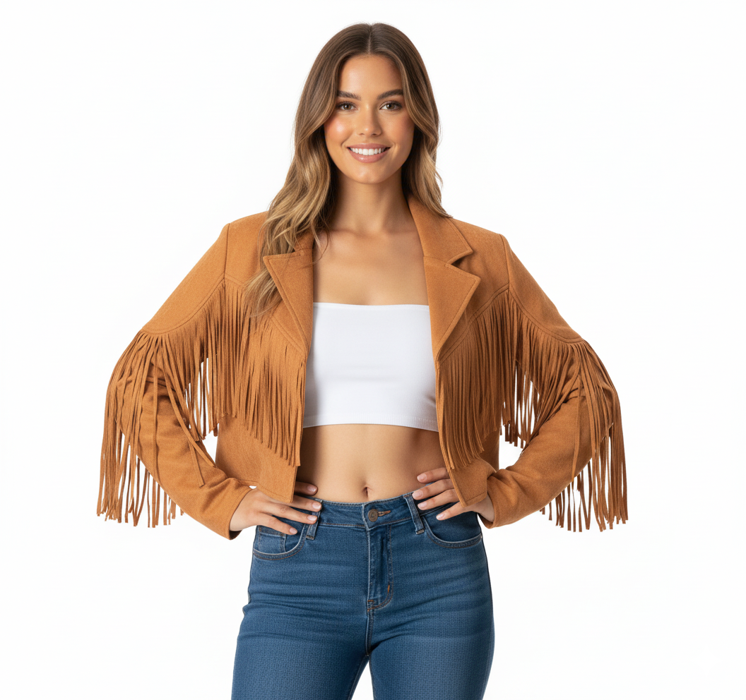 Women's Suede Fringed Jacket Boho Chic Brown - Vonnera