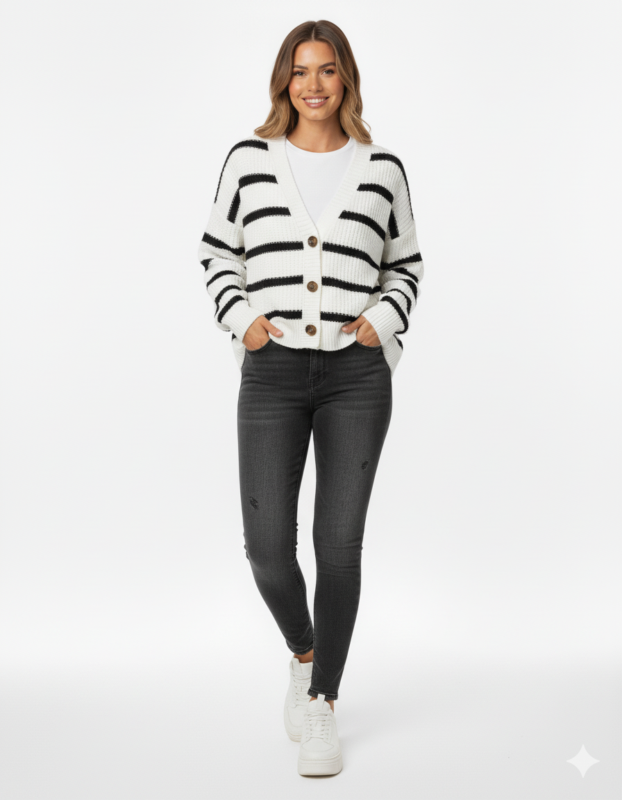 Women's Striped Knit Cardigan Sweater Relaxed Fit Button Front