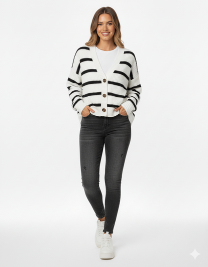 Women's Striped Knit Cardigan Sweater Relaxed Fit Button Front