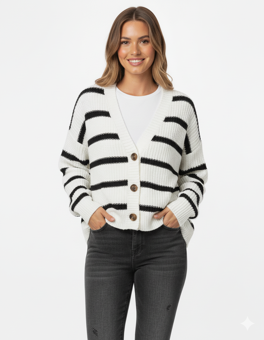 Women's Striped Knit Cardigan Sweater Relaxed Fit Button Front - Vonnera