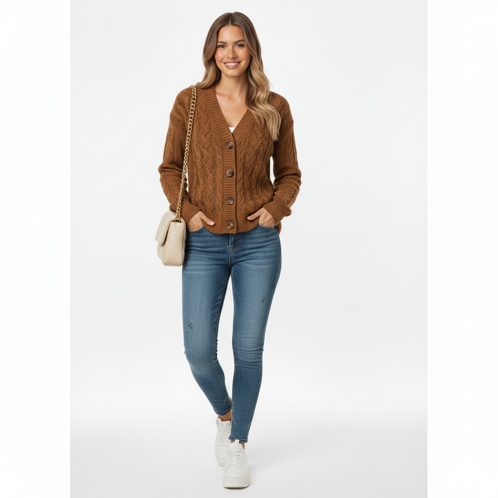 Women's Cable Knit Cardigan Slim Fit Button Front