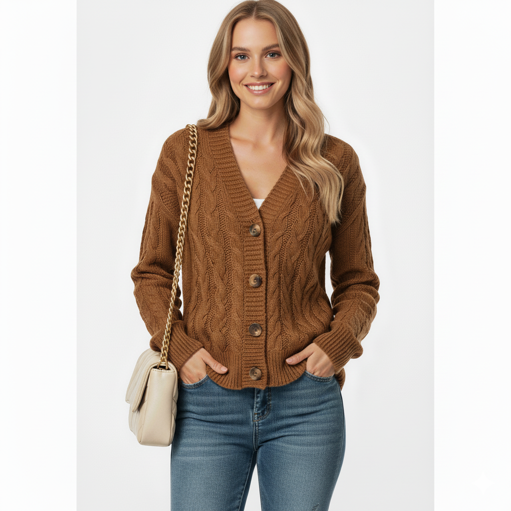 Women's Cable Knit Cardigan Slim Fit Button Front - Vonnera