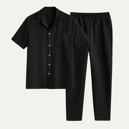 Men's Short Sleeve Shirt And Elastic Waist Trousers Relaxed Beige - Vonnera