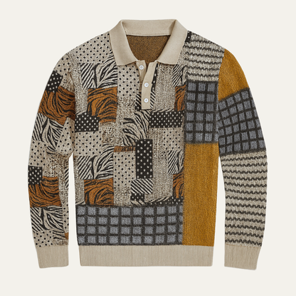 Men's Patchwork Polo Sweater Button Neck - Vonnera